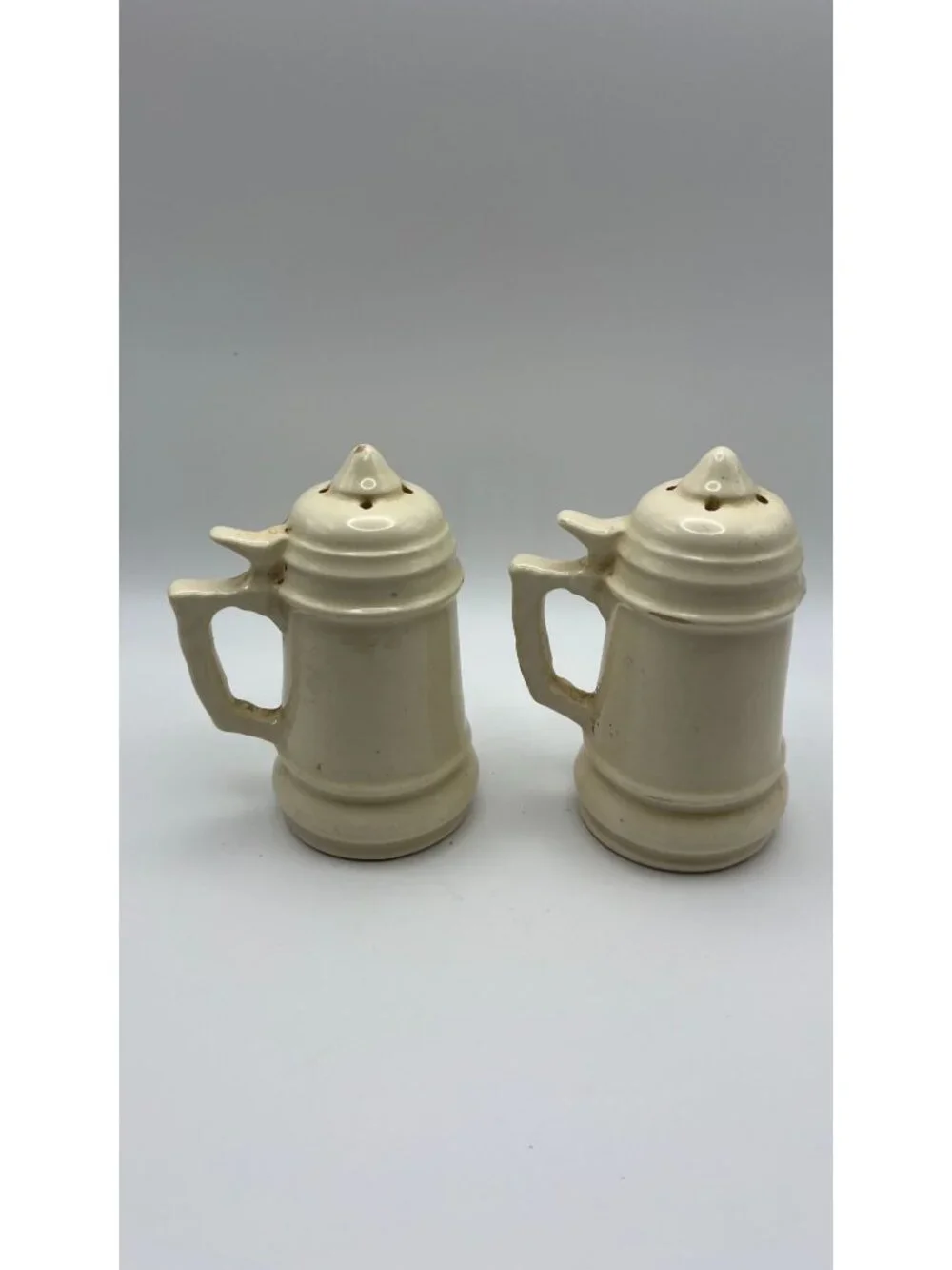 Vintage Ceramic Beer Stein Salt & Pepper Shakers With Handles & Cream Glaze Rust